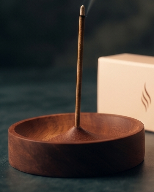 A wooden incense holder with a single burning incense stick, with smoke curling upward, next to its cream-colored Oudevo packaging box on a dark textured background.