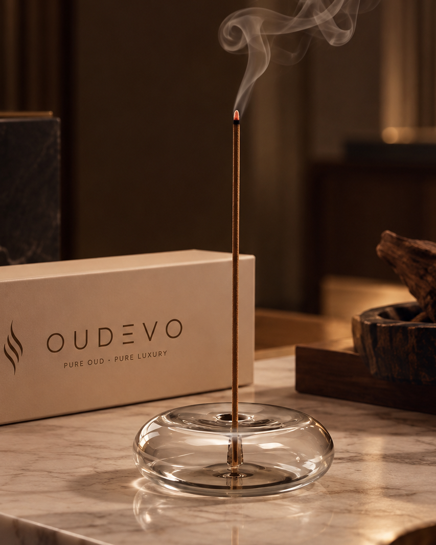 A smoking incense stick stands upright in a clear glass round holder on a marble surface, with the OUDEVO brand box behind it in a warm, softly lit interior setting.